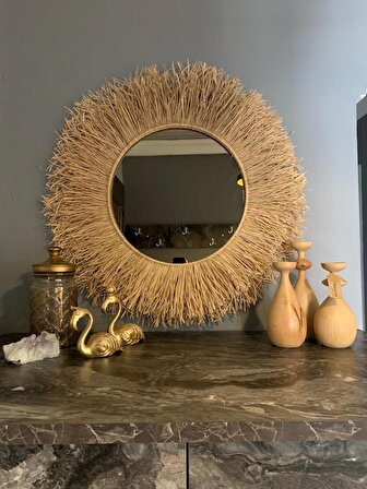 Hug 3 Katmanlı Yoğunlaştırılmış Bronz Bohem Muz Lifi Ayna - Büyük Boy 70 cm - Rafya - Handmade