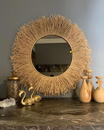 Hug 2 Katmanlı Yoğunlaştırılmış Bronz Bohem Muz Lifi Ayna - Büyük Boy 70 cm - Rafya - Handmade