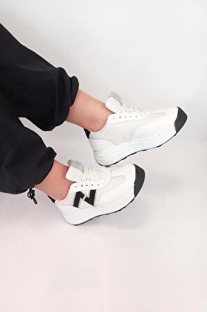 G-278 Yüksek Taban Kadın Spor Ayakkabı-Beyaz-Siyah