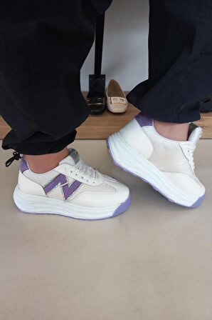 G-278 Yüksek Taban Kadın Spor Ayakkabı-Beyaz-Lıla