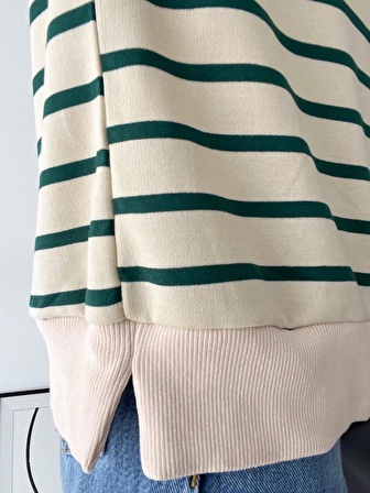 Çizgili Oversize Bisiklet Yaka Sweatshirt Yeşil