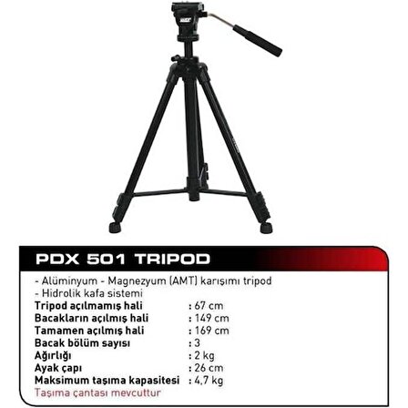 Pdx 501 Amt Plus Hidrolik Kafa Profesyonel Video Tripod