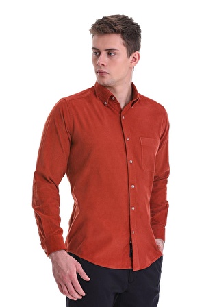 Kiremit Slim Fit Düz 100% Pamuklu Düğmeli Yaka Uzun Kollu Klasik Gömlek | S
