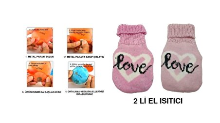 Love Yazılı Pembe Örgü Cep Sobası,El Isıtıcı,İki Adet Sıcak Su Torbası 11X6Cm