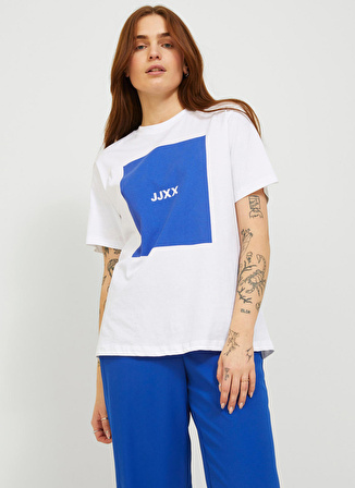 JJXX Bisiklet Yaka Baskılı Kırık Beyaz Kadın T-Shirt 12204837