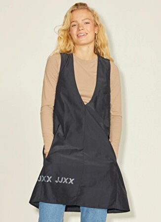 JJXX V Yaka Düz Siyah Midi Kadın Elbise JXMAIA V-NECK HYPE DRESS LN