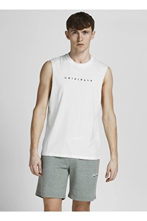 Jack & Jones Kolsuz Beyaz Erkek Pamuklu Kolsuz Spor Atlet T-shirt 12210016