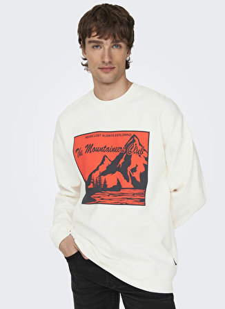 Only & Sons O Yaka Beyaz Erkek Sweatshırt 22027043_ONSELI RLX CONTRAST PRINT