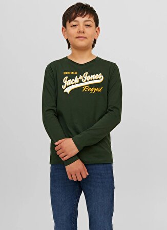 Jack & Jones Baskılı Koyu Yeşil Erkek Çocuk T-Shirt JJELOGO TEE LS NECK 2 COL 23/24 NOO