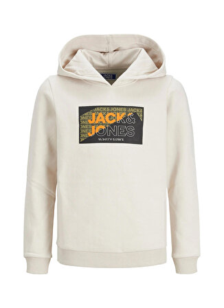 Jack & Jones Bej Erkek Çocuk Kapüşonlu Uzun Kollu Baskılı Sweatshirt JCOLOGAN AW23 SWEAT HOOD JNR