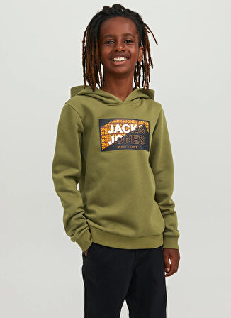 Jack & Jones Yeşil Erkek Çocuk Kapüşonlu Uzun Kollu Baskılı Sweatshirt JCOLOGAN AW23 SWEAT HOOD JNR