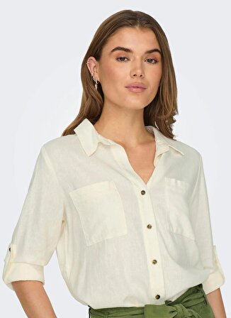 Only Normal Gömlek Yaka Düz Beyaz Kadın Gömlek ONLYASMIN-CARO L/S LINEN SHIRT PNT