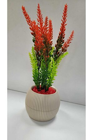 Mini Saksıda Kırmızı Yeşil Lavanta Yapay Bitki Kırmızı Taş 20 Cm Dekoratif Banyo Mutfak Masa Çiçeği