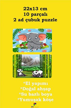 Eğitici Öğretici Sevimli Fil+Sevimli Panda Dikey 10 Parçalı Ahşap Çubuk Yap Boz Puzzle 2li Set