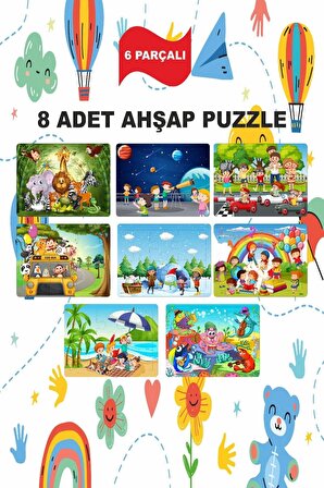 Ahşap Çok Renkli Ahşap Puzzle Farklı 6 Parça Toplam Eğitici Öğretici Puzzle 8'li Set