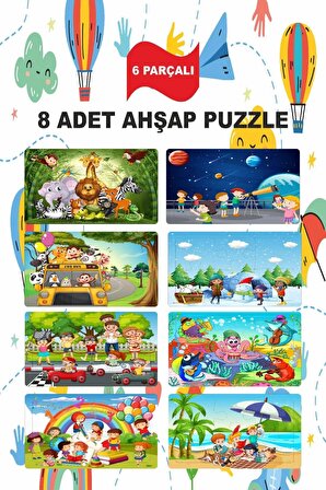 Ahşap Çok Renkli Ahşap Puzzle Farklı 6 Parça Toplam Eğitici Öğretici Puzzle 8'li Set