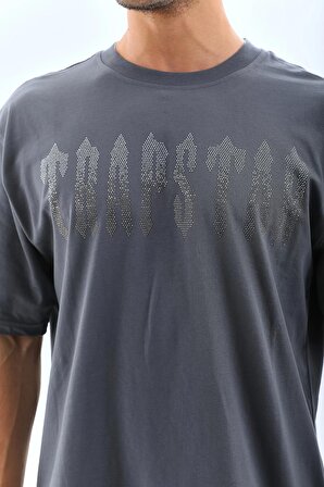 Unisex Oversize Taşlı Bisiklet Yaka T-Shirt - Füme