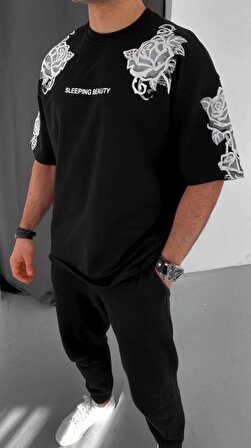 Unisex Flok Kabartma Baskılı T-Shirt - Siyah