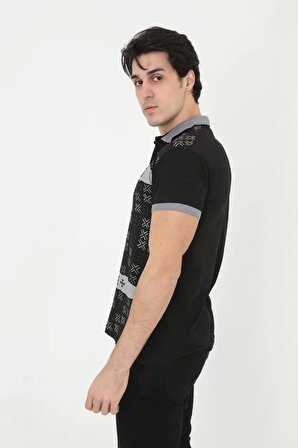 Erkek Yakalı Slim Fit Baskılı T-Shirt - Siyah