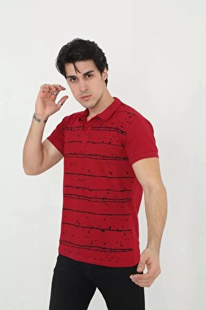 Erkek Yakalı Slim Fit Pike Çizgili T-Shirt - Kırmızı