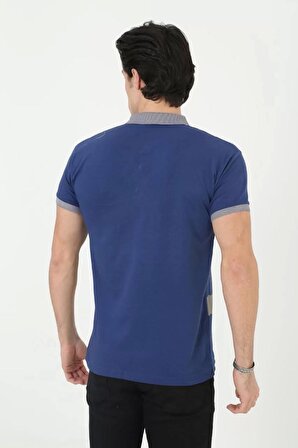 Erkek Yakalı Slim Fit Baskılı T-Shirt - Mavi