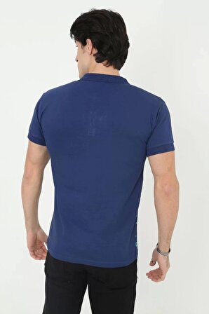 Erkek Yakalı Slim Fit Pike Çizgili T-Shirt - Mavi