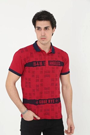Erkek Yakalı Slim Fit Baskılı T-Shirt - Kırmızı