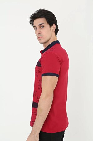 Erkek Yakalı Slim Fit Baskılı T-Shirt - Kırmızı