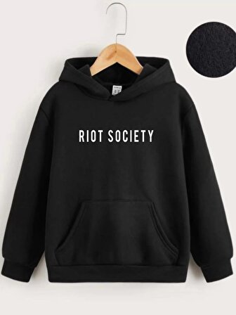 Çocuk Unisex Kapüşonlu Riot Society Baskılı Sweatshirt - Siyah