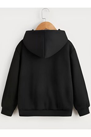 Çocuk Unisex Kapüşonlu Vintages Baskılı Sweatshirt - Siyah