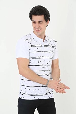 Erkek Yakalı Slim Fit Pike Çizgili T-Shirt - Beyaz