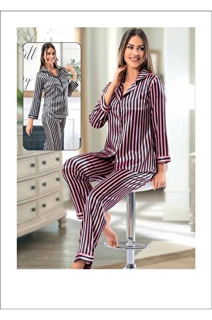 Kadın Siyah Saten Çizgili Pijama Takımı 3000