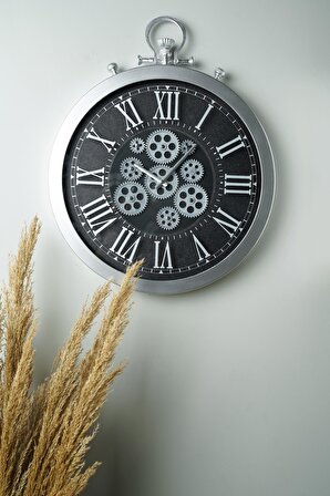 MUYİKA Perfetto Hareketli Çarklı Gümüş Kasa 55x55cm Sessiz Mekanizmalı Vintage Duvar Saati  PODS-55