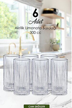 MUYİKA 6 adet Kristal Akrilik Su & Meşrubat- Limonata Bardak Seti 300 Cc Şeffaf (cam Değildir)