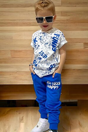 Happy Luck Yazı Desenli Mavi Erkek Çocuk Eşofman Takım