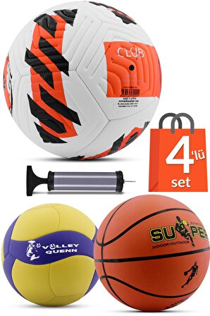 4'LÜ SET Basketbol Voleybol Sert Zemin CLUB Futbol Topu Top Şişirme Pompası Seti Kırmızı-018