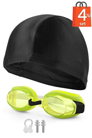 4lü Set Yüzücü Gözlüğü Kumaş Bone Kulak Ve Burun Tıkaçlı Set Yüzme Havuz Deniz Gözlüğü Sarı