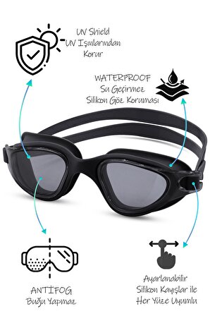 Swimmer PRO Buğu Yapmaz Antifog Yüzücü Gözlüğü Bone SET UV Korumalı Yüzme Havuz Deniz Gözlük Siyah
