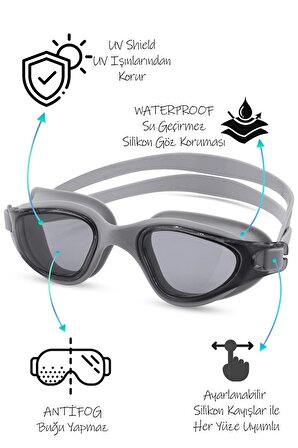 4LÜ SET Swimmer PRO Buğu Yapmaz Havuz Deniz Yüzücü Gözlüğü Boneli Tıkaçlı UV Korumalı Yüzme Gri