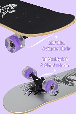 Ledli Silikon Teker Kaykay Semi-PRO 8 Katman Yüzey Zımparalı Işıklı Kaymaz Skateboard 80 cm Mavi