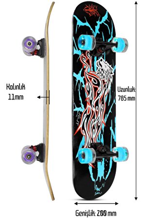 Ledli Silikon Teker Kaykay Semi-PRO 8 Katman Yüzey Zımparalı Işıklı Kaymaz Skateboard 80 cm Mavi
