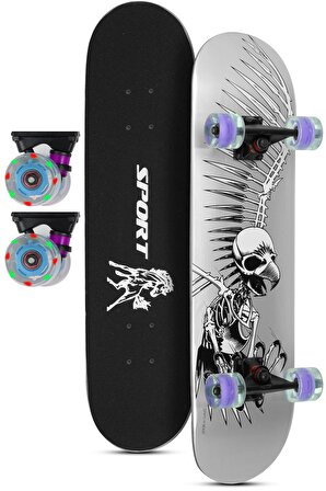 Ledli Silikon Teker Kaykay Semi-PRO 8 Katman Yüzey Zımparalı Işıklı Kaymaz Skateboard 80 cm Gri
