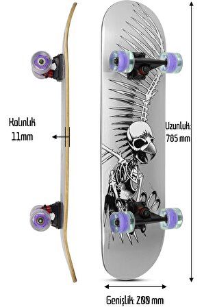 Ledli Silikon Teker Kaykay Semi-PRO 8 Katman Yüzey Zımparalı Işıklı Kaymaz Skateboard 80 cm Gri