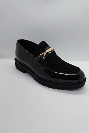 %100 El İşçiliği Rugan Rahat Tbn Altın Toka Bağcıksız Siyah Renk İmalat Deri Klasik Kundura Ayakkabı