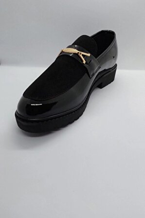 %100 El İşçiliği Rugan Rahat Tbn Altın Toka Bağcıksız Siyah Renk İmalat Deri Klasik Kundura Ayakkabı