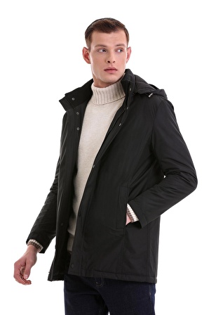 Siyah Slim Fit Desenli Hakim Yaka Kapüşonlu Kaban | S