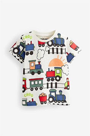 Çocuk %100 Pamuk Tren Baskılı T-shirt