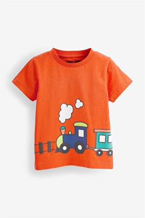 Çocuk %100 Pamuk Tren Baskılı Turuncu T-shirt