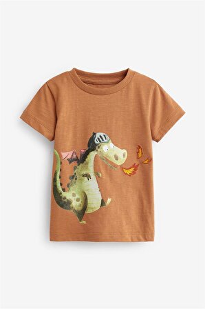 Çocuk %100 Pamuk Dinozor Baskılı Kahverengi T-shirt