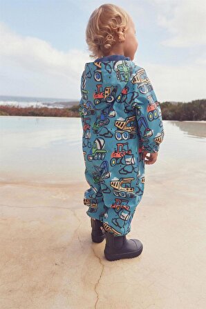Erkek Çocuk İnşaat Araçları Baskılı Su Geçirmez Polar Astarlı Mavi Puddlesuit / Astronot Tulum